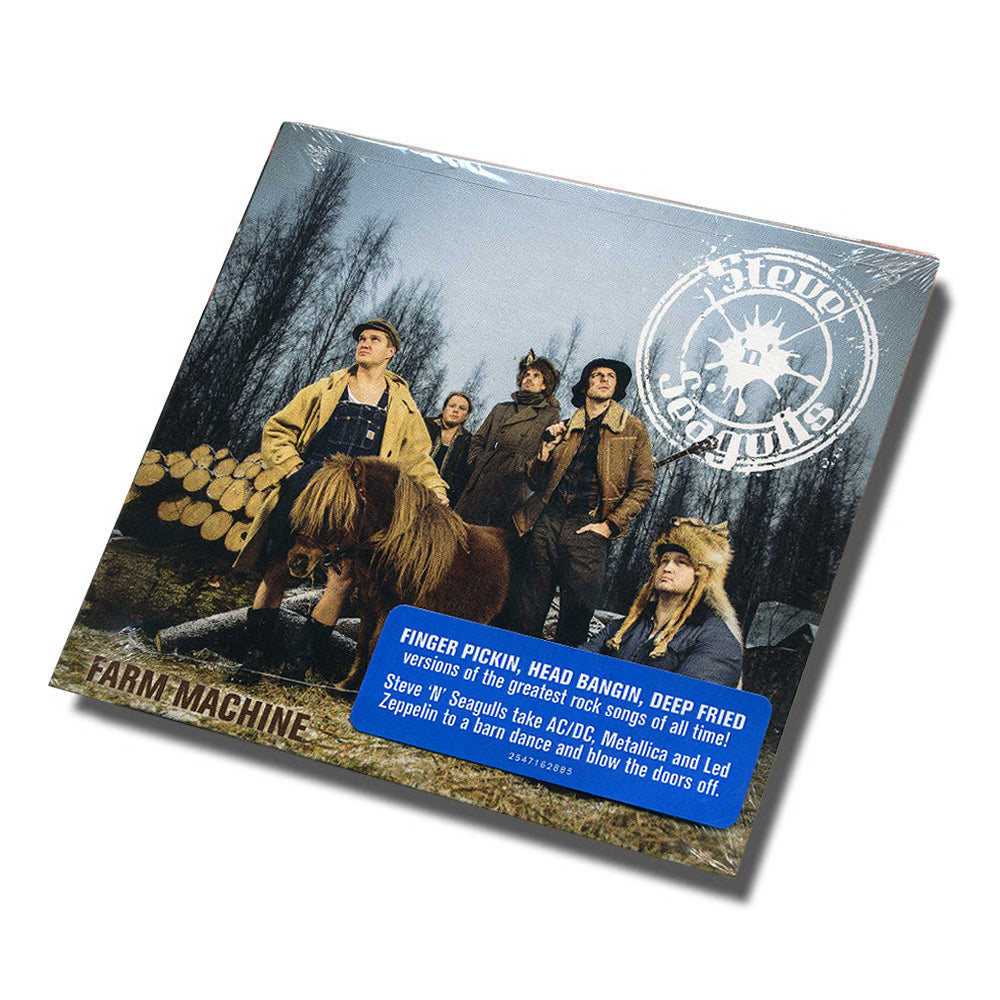 CD cover for Steve n Seagulls Farm Machine, featuring the band in rustic outfits outdoors with a horse and logs; blue sticker notes their rock hits performed in signature bluegrass style.