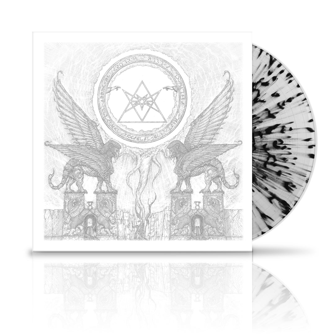 image of a clear and black vinyl record on a white background. album cover is on the left and shows two lions with wings and a triangle and circle in the middle