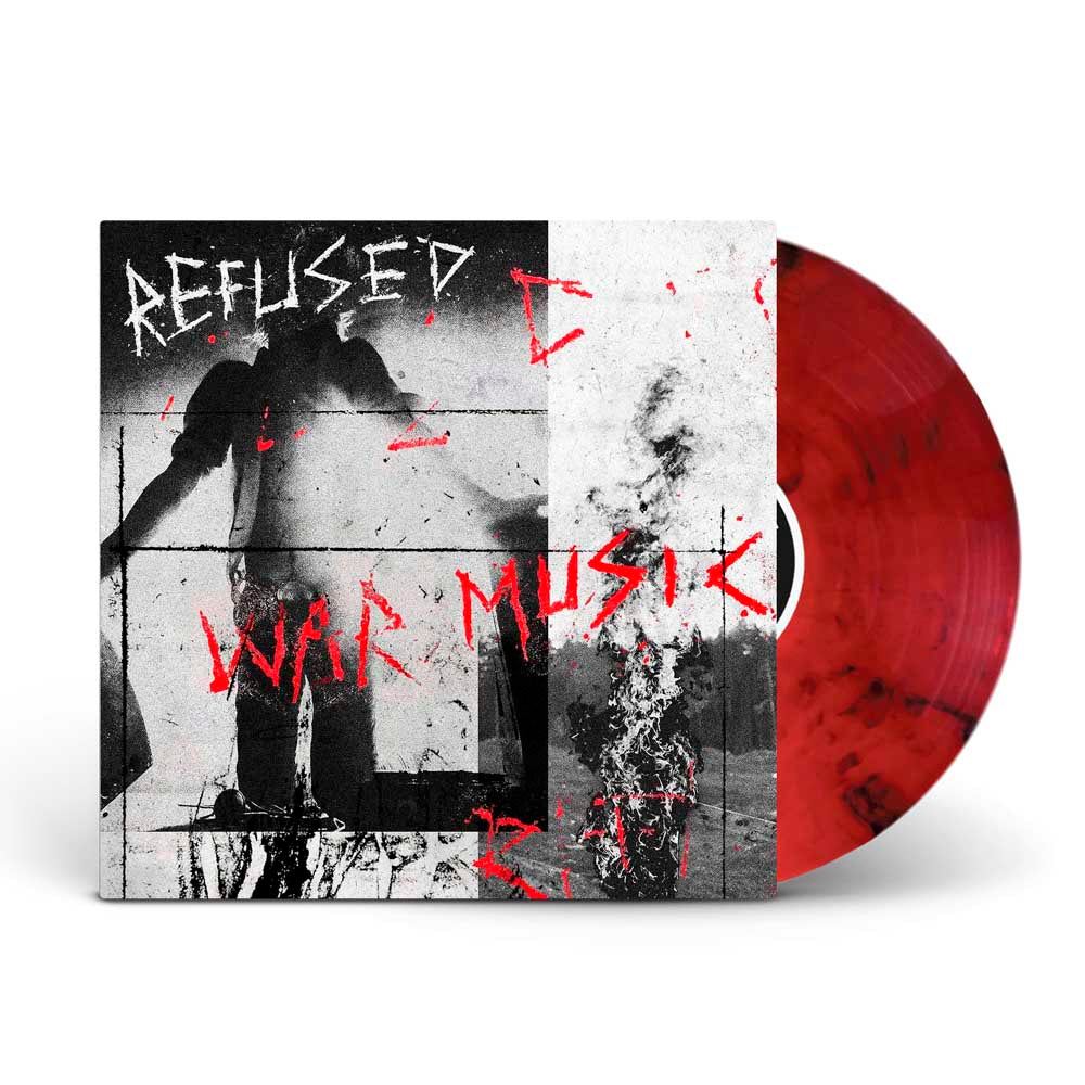 A red and black marbled vinyl record from Refused partially slides out of a square album cover featuring a black-and-white image with REFUSED and WAR MUSIC scrawled in bold, distressed red lettering.