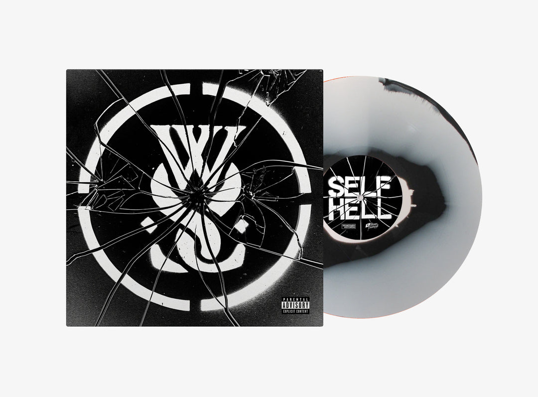 A While She Sleeps vinyl and cover are shown. The cover has a cracked glass design with a bold white WC logo on black. The gray Self Hell vinyl, released March 29, 2024, features “SELF HELL” and a circular logo at its center.