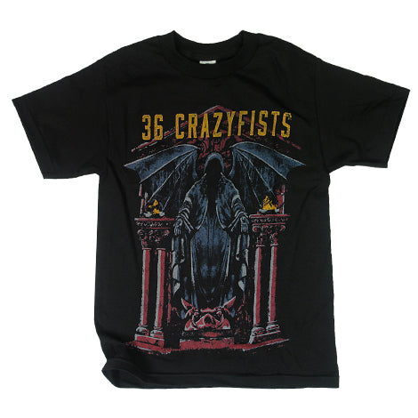 image of a black tee shirt on a white background. tee has full body print of a statue of a grim reaper with wings on a throne. across the top says 36 crazyfists