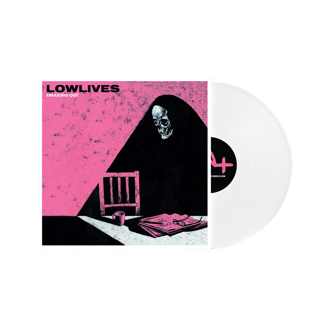 Album cover for Freaking Out by LOWLIVES features a pink and black design with a hooded skeleton at a table and a partially visible white vinyl record. Release date: May 31, 2024.