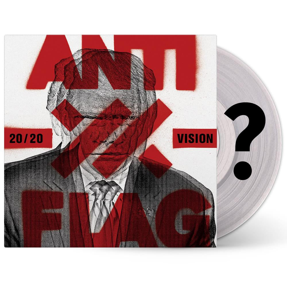image of the 20 20 vision record. vinyl on the right is clear and album cover on the right says anti flag in red over a 3 d image of the worst president of our nations history.