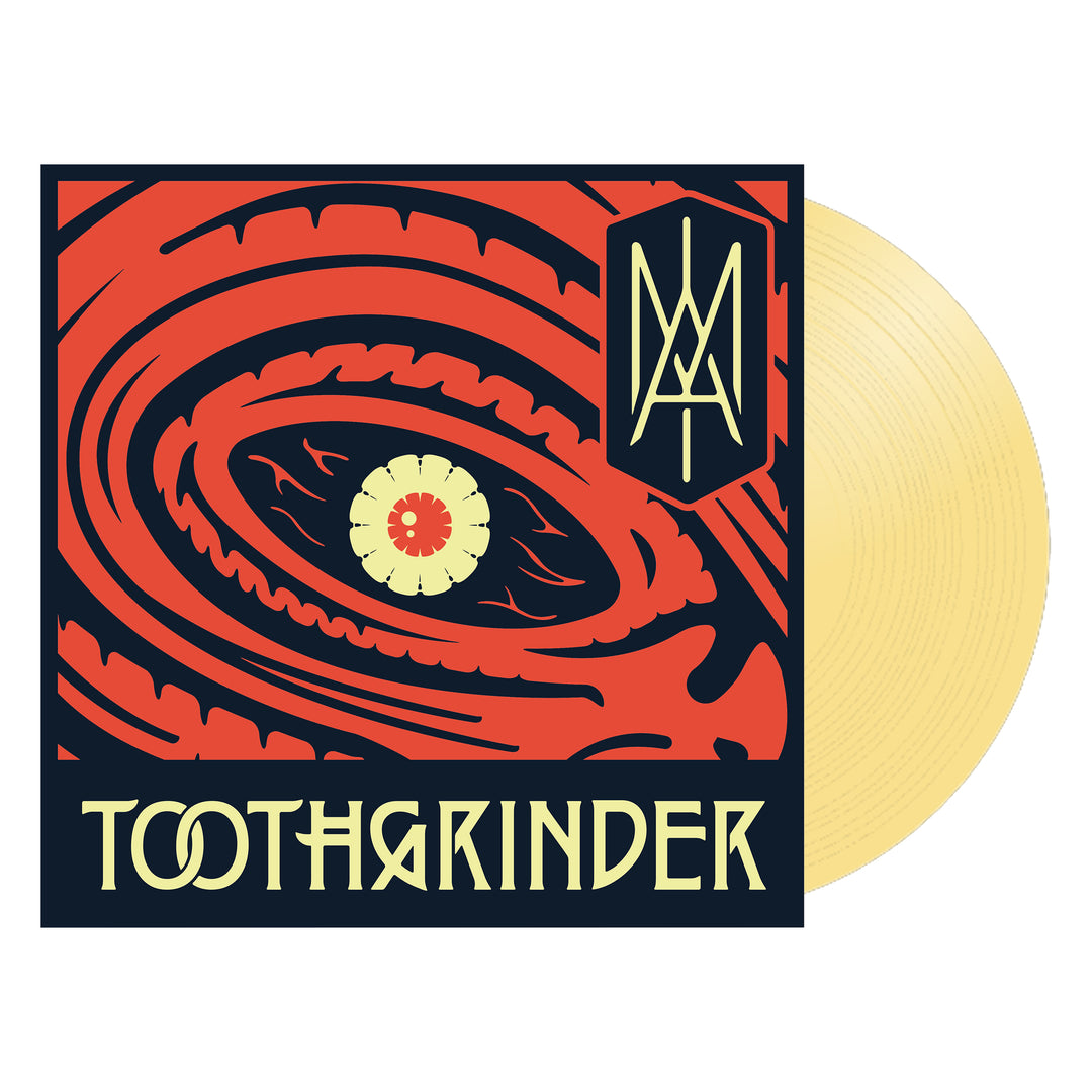 A vinyl record by Toothgrinder features bold red and black swirls on the cover, a yellow and white center with a stylized emblem, ornate yellow Toothgrinder lettering, and includes The Silence Of A Sleeping WASP track.