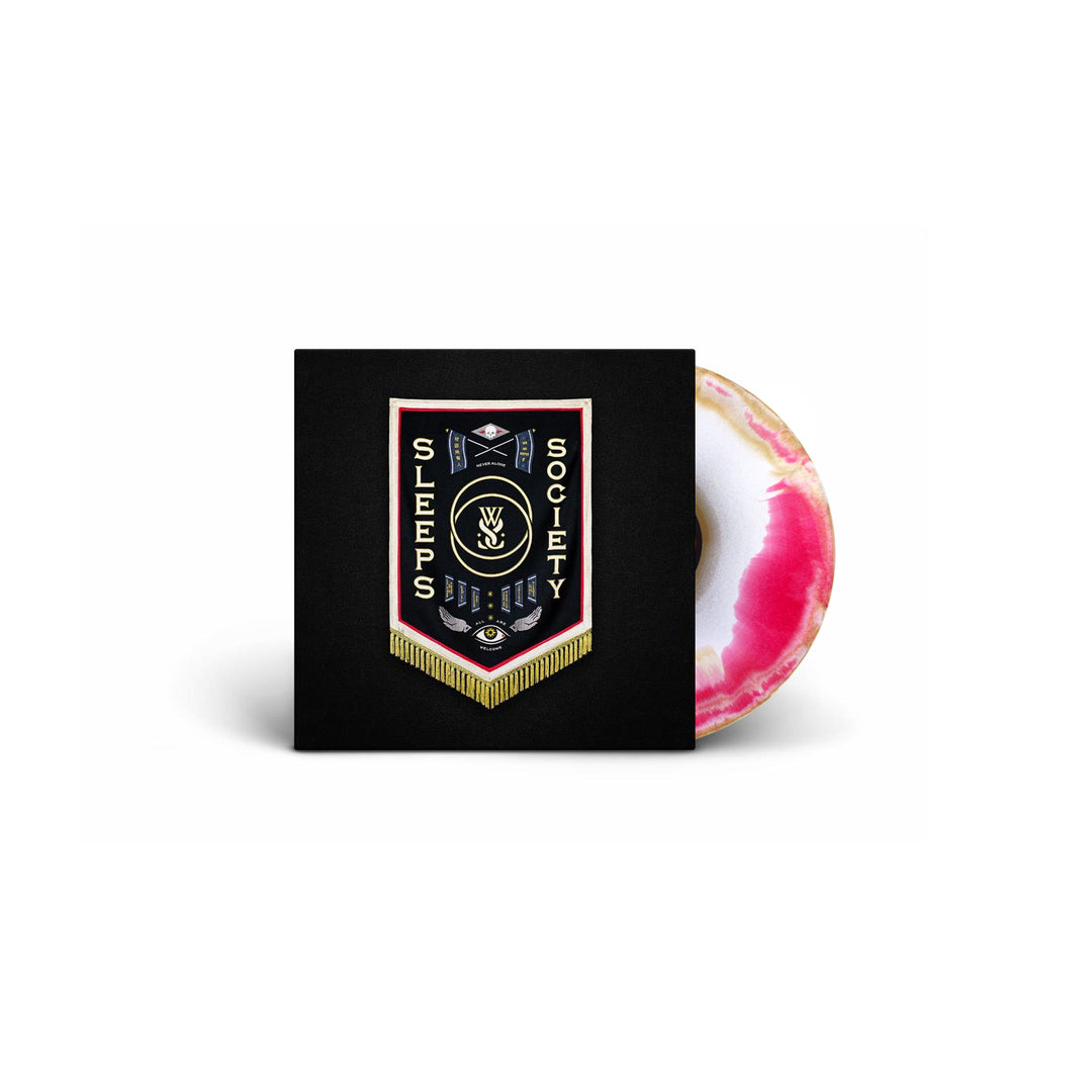 A vinyl record with a white, yellow, and red swirl design next to its packaging featuring a black background with a gold and red emblem.