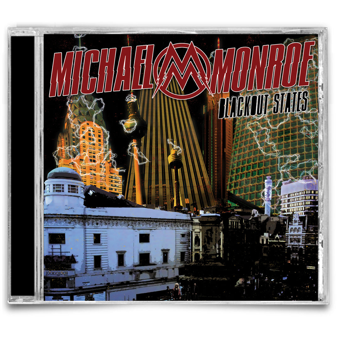 CD cover of Michael Monroe with the title 'Blackout States' featuring a vibrant graphic design with buildings and lights.