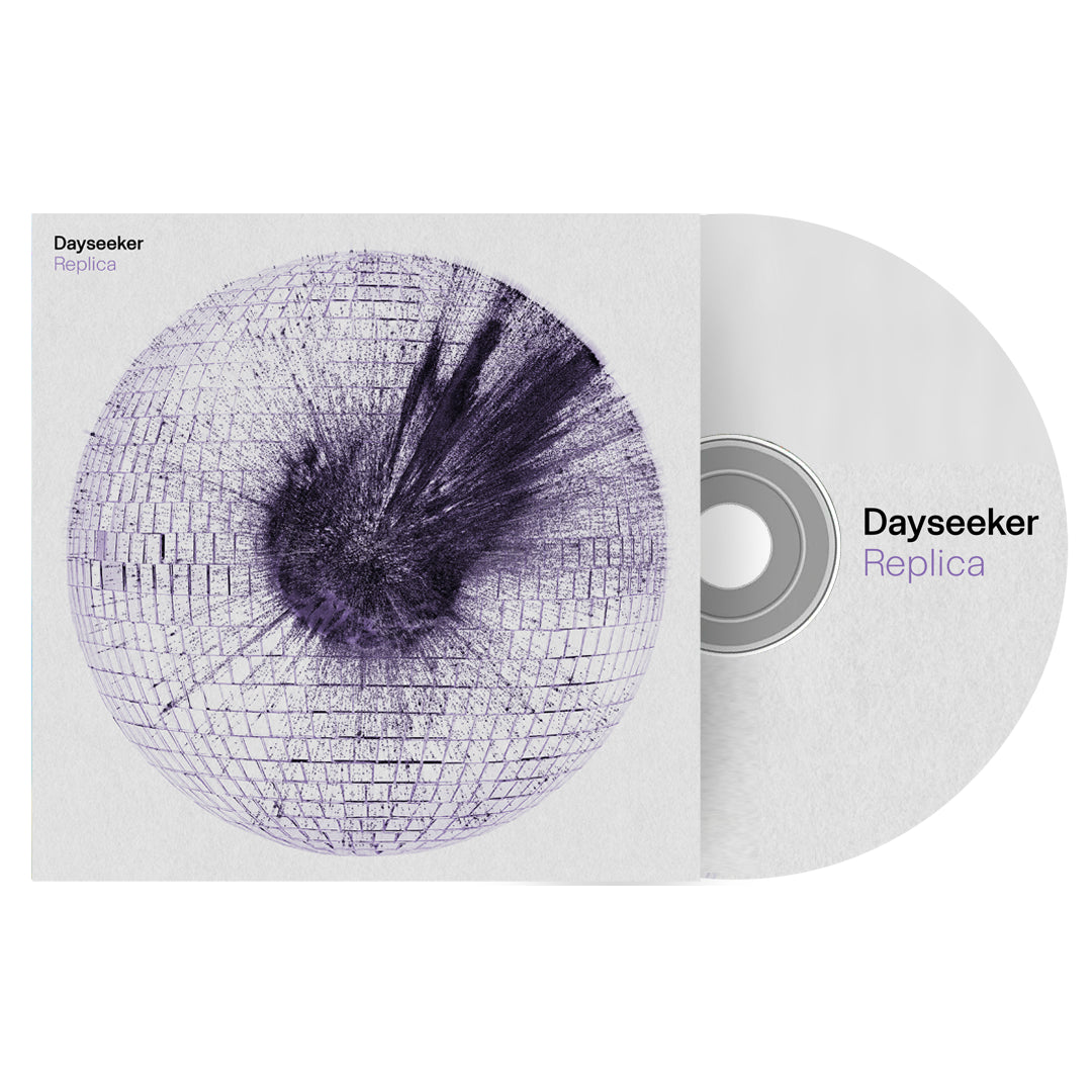 The image features Dayseeker’s CD and cover for the acoustic album "Replica," displaying a shattered, grid-like purple sphere on white. Both show “Dayseeker Replica,” with the release date June 14, 2024.