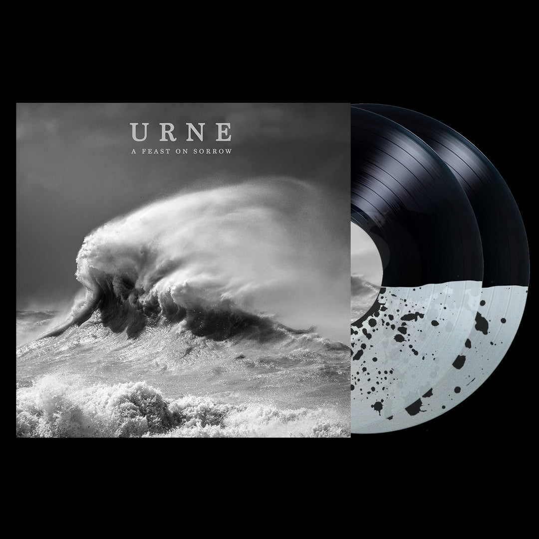 Two vinyl records—one black and one white with black splatter—are displayed next to the Urne album A Feast On Sorrow (August 2023), which shows a dramatic ocean wave on the cover and includes the tracklist.