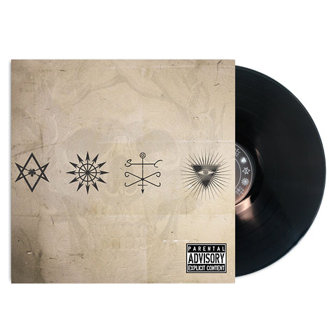 A vinyl record partially slides out from its cover, which displays four black occult-style symbols over a textured beige background with a faint skull. Santa Cruz branding and a Parental Advisory Explicit Content label appear at the bottom right.