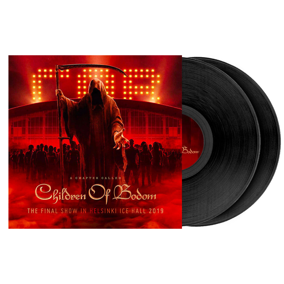 Children of Bodom - The Final Show in Helsinki Ice Hall 2019 album cover features a hooded, scythe-wielding figure before a red-lit crowd and building, with highlighted track list and two black vinyl records.