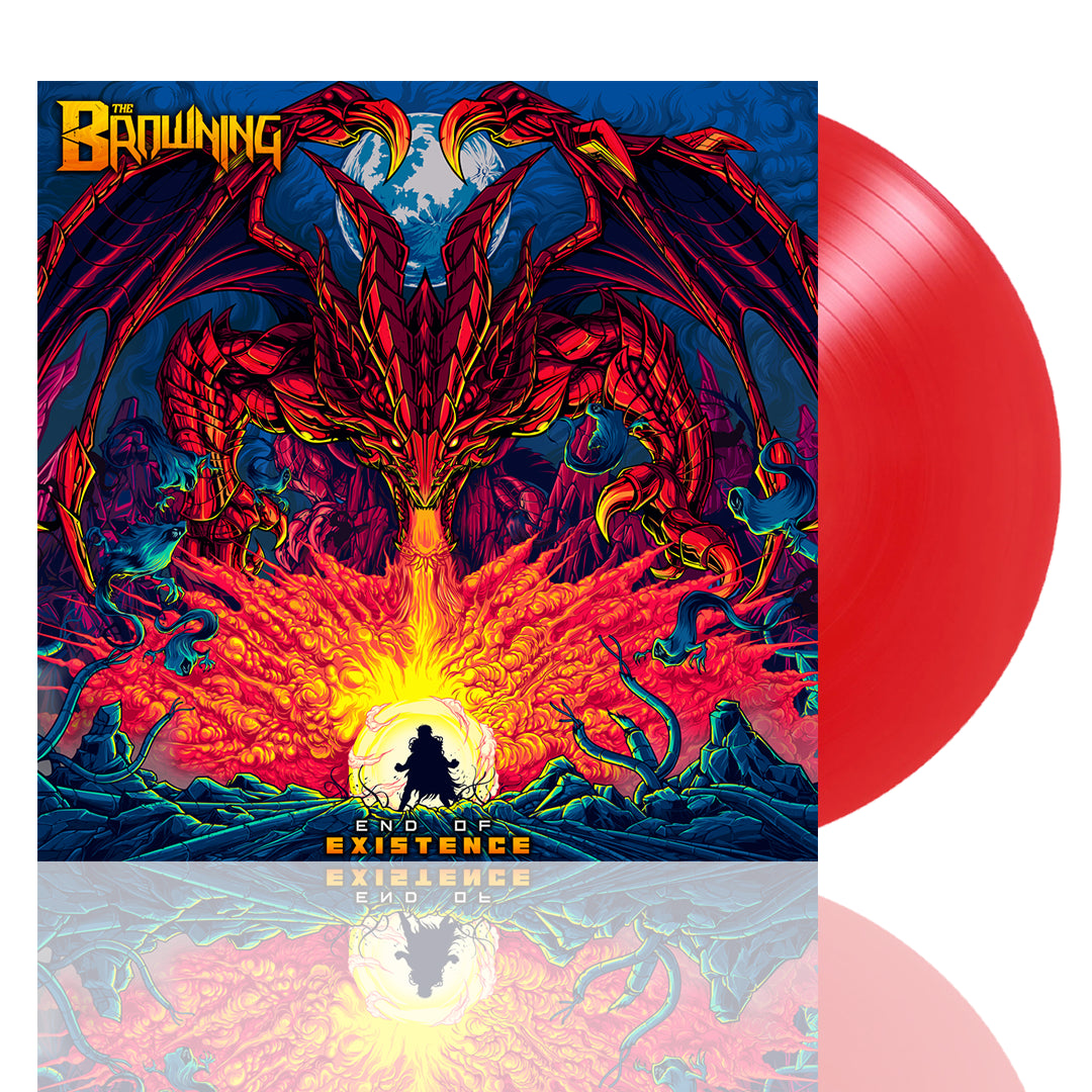 A red vinyl record by The Browning partially emerges from its sleeve, which displays vivid art of a large red dragon, erupting lava, and a figure before a glowing portal. End Of Existence is printed at the bottom.