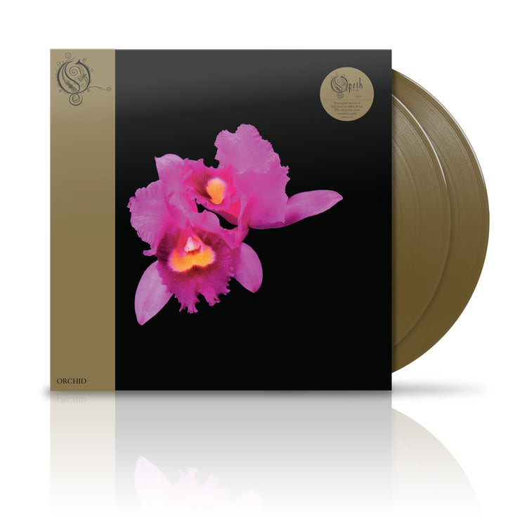 Opeth "Orchid" vinyl LP. vinyl exposed to show color, Vinyl color is Gold. Album art is an Orchid flower with a black background.