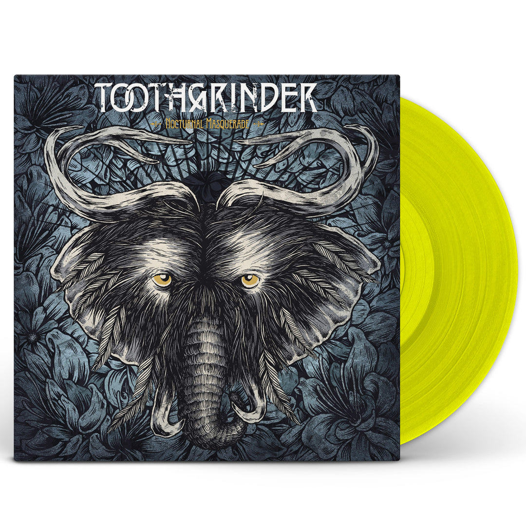 Yellow vinyl record of the album 'Nocturnal Masquerade' by Toothgrinder with an elephant illustration on the cover.