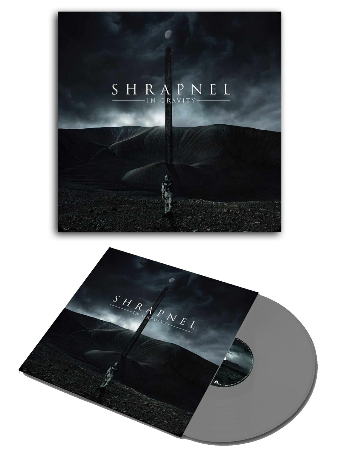 Vinyl LP and case with album artwork for 'In Gravity Silver' by Shrapnel, featuring a dark, moody landscape.