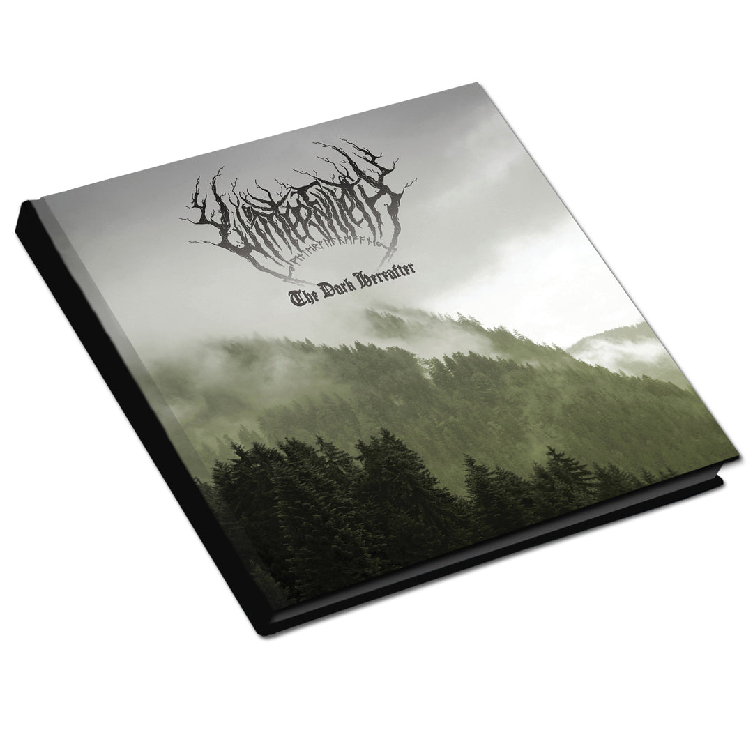 A CD case by Winterfylleth features dark trees and misty mountains beneath a cloudy sky. The cover displays an intricate black metal-style logo and the title “Pariah’s Path: The Dark Breather” in gothic font.