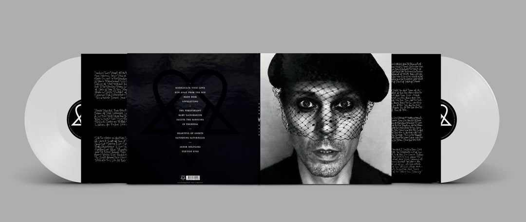 VV Neon Noir 2 white vinyl records with a black album cover. Features a black-and-white photo of a person in a dark hat with netting, lyrics and tracklist on inner sleeves, and the heartagram symbol.