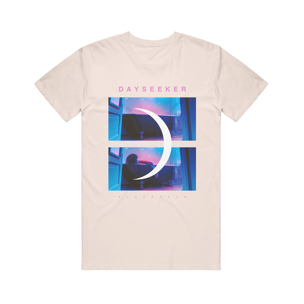 Dayseeker Diptych natural t-shirt. album art for Sleeptalk album printed on the front of shirt. image shows a person sleeping in the bath with a disco ball and neon lights. a white crescent moon is printed over the image. 