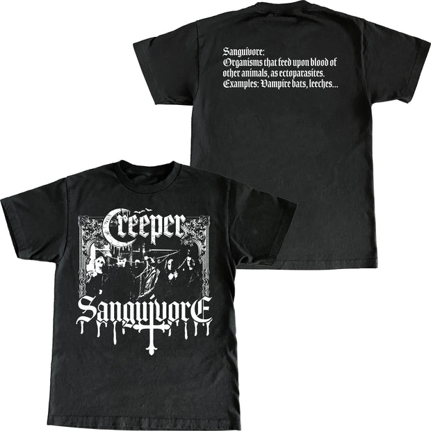 image of the front and back of a black tee shirt on a white background. front has a center print that says creeper at the top and Sanguivore at the bottom. image of the band in the center. the back also has a print with the defintion of Sanguivore
