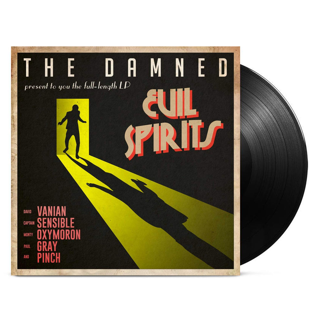 A vinyl record by The Damned, titled Evil Spirits, shows a shadowy figure in a doorway on the album cover with bold yellow and red text, plus band members’ names and the tracklist.