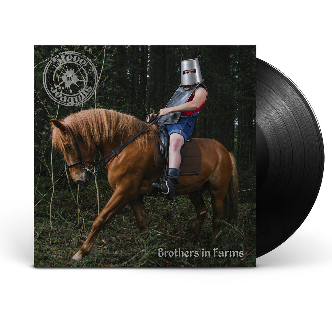 The album cover for Steve n Seagulls Brothers in Farms features a figure in a medieval helmet, sleeveless shirt, and shorts riding a brown horse in a forest. The band logo and album title are shown with a black vinyl record.