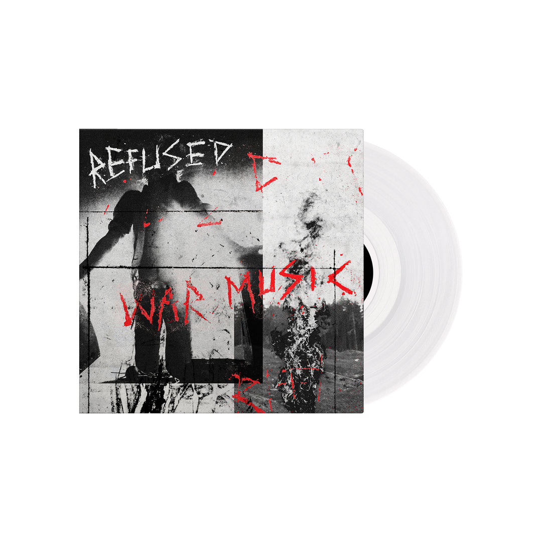A white vinyl record cover with a black and red design featuring the text 'Refused' and 'War Music'.