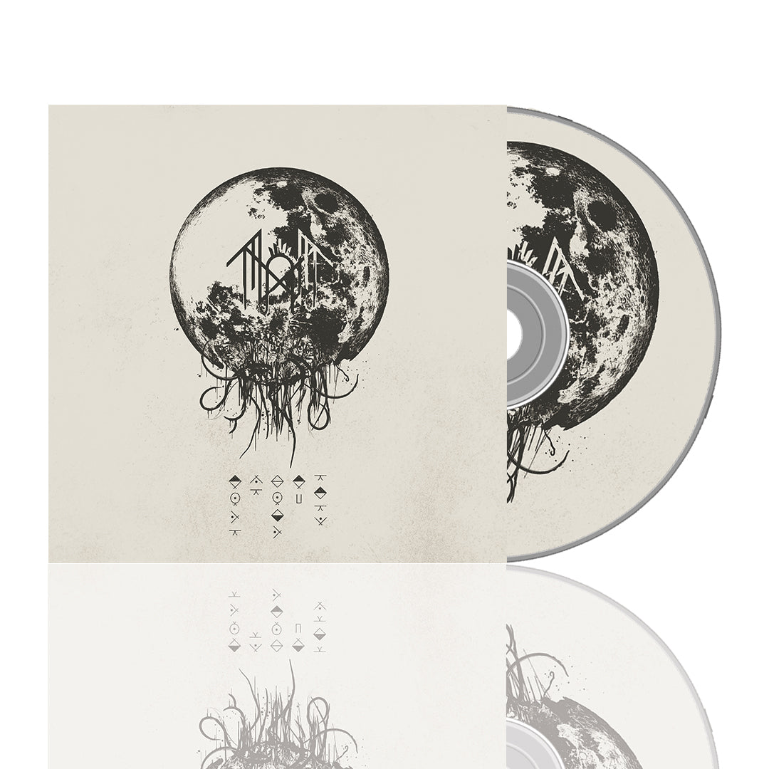 Sleep Token CD and case with a monochrome design: a large, detailed moon above dark, tentacle-like roots. Abstract symbols/runes and the tracklist appear below the moon on a light background.