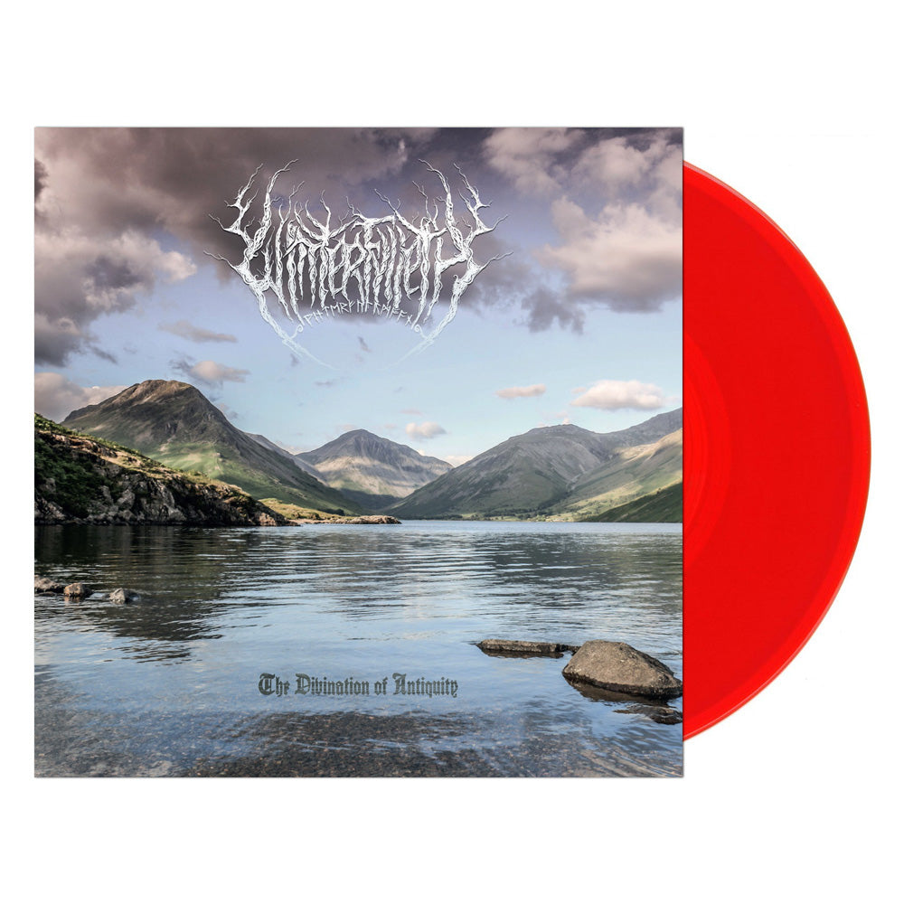 Red vinyl record with a album cover featuring a lake, mountains, and a cloudy sky in the background.