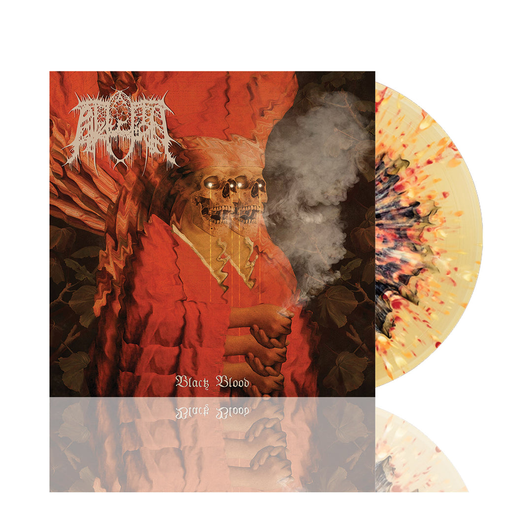 image of a black, yellow, red, white clear splatter vinyl record on a white background. vinyl is on the right, cover is on the left. cover shows a double skeleton with smoke around it. at the top left says abduction.