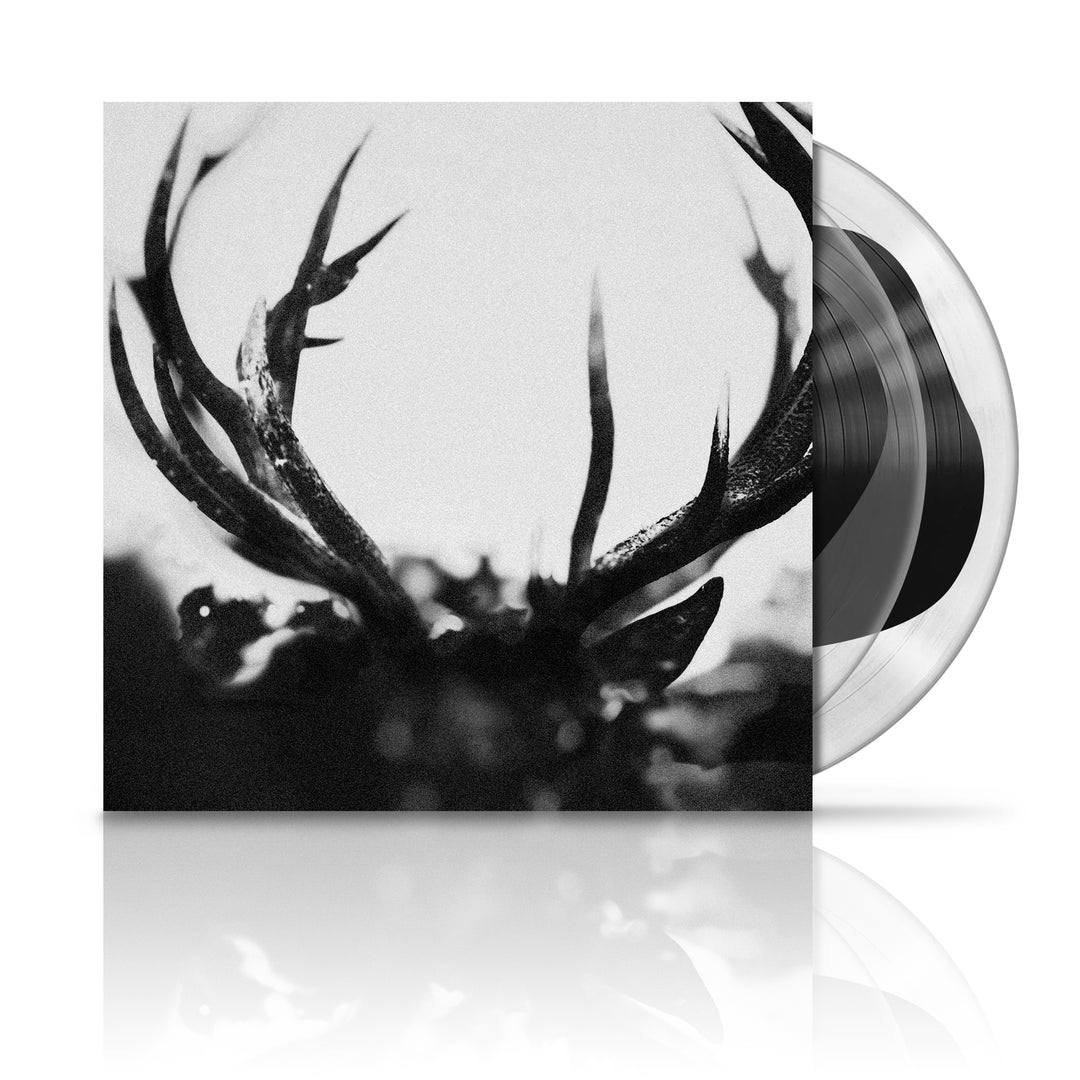 A vinyl LP of Ihsahn's album 'Black Yolk' with a black and white cover featuring a stylized deer's head.