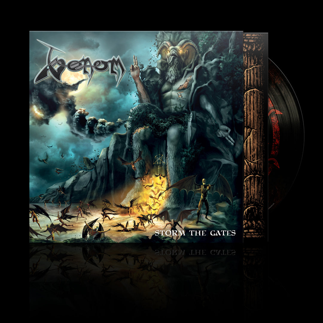 Album cover for Venoms Storm The Gates, showing a dark mythical figure on a throne with bats, flames, and demonic creatures below; the 140G vinyl is partially visible in its striking gatefold sleeve.