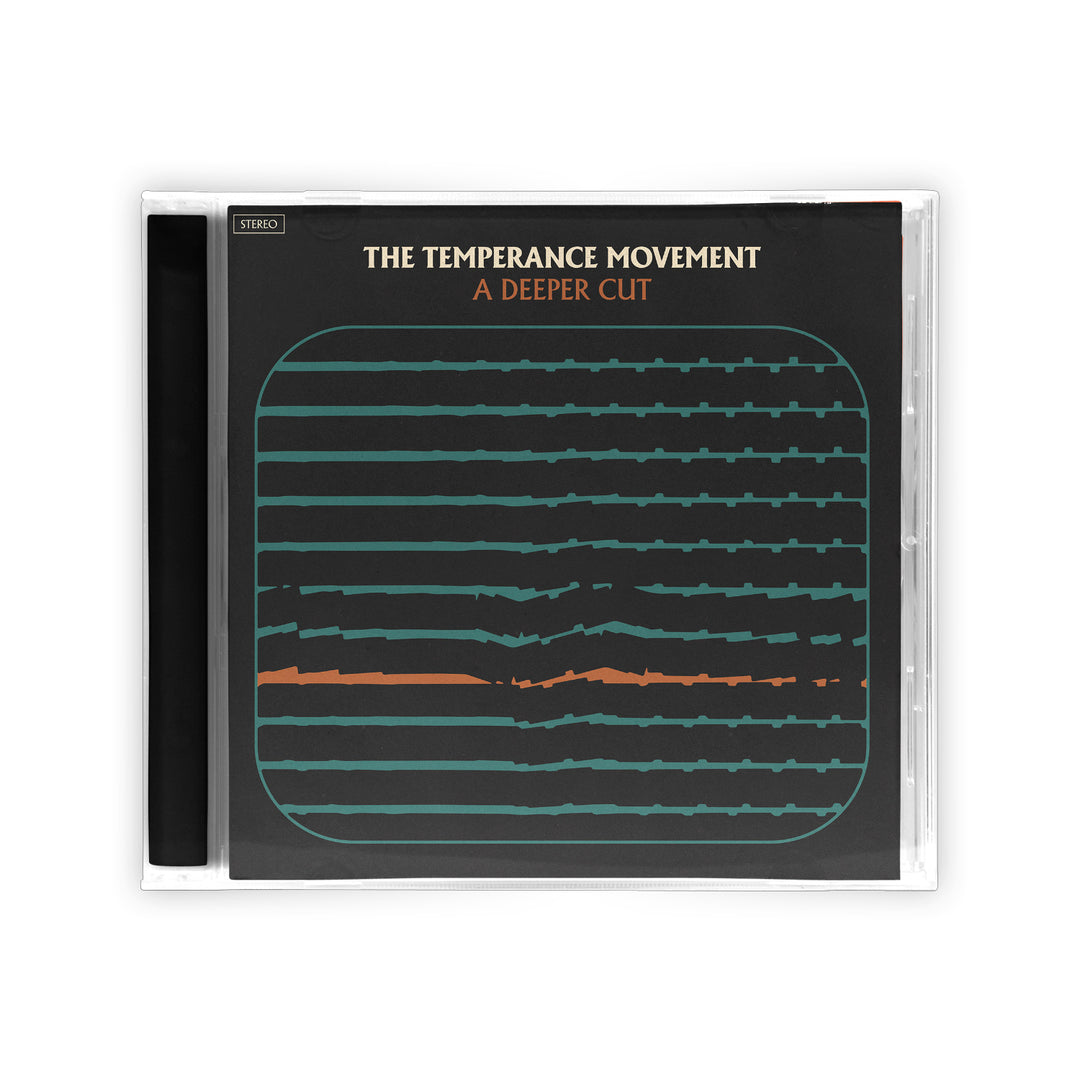 CD case of The Temperance Movements album A Deeper Cut, featuring a cover with teal and orange wavy lines on a dark background, and the band name and tracklist displayed in bold at the top.