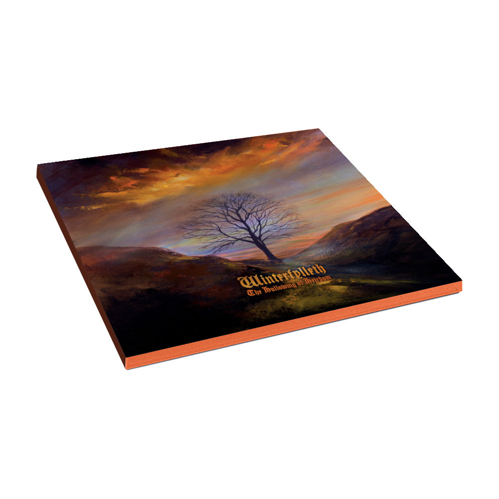 A square album cover for Winterfylleth shows a lone tree amid vibrant sunset hills. The Hallowing of Heirdom and Hælgemónaþ appear in gold text at the bottom.