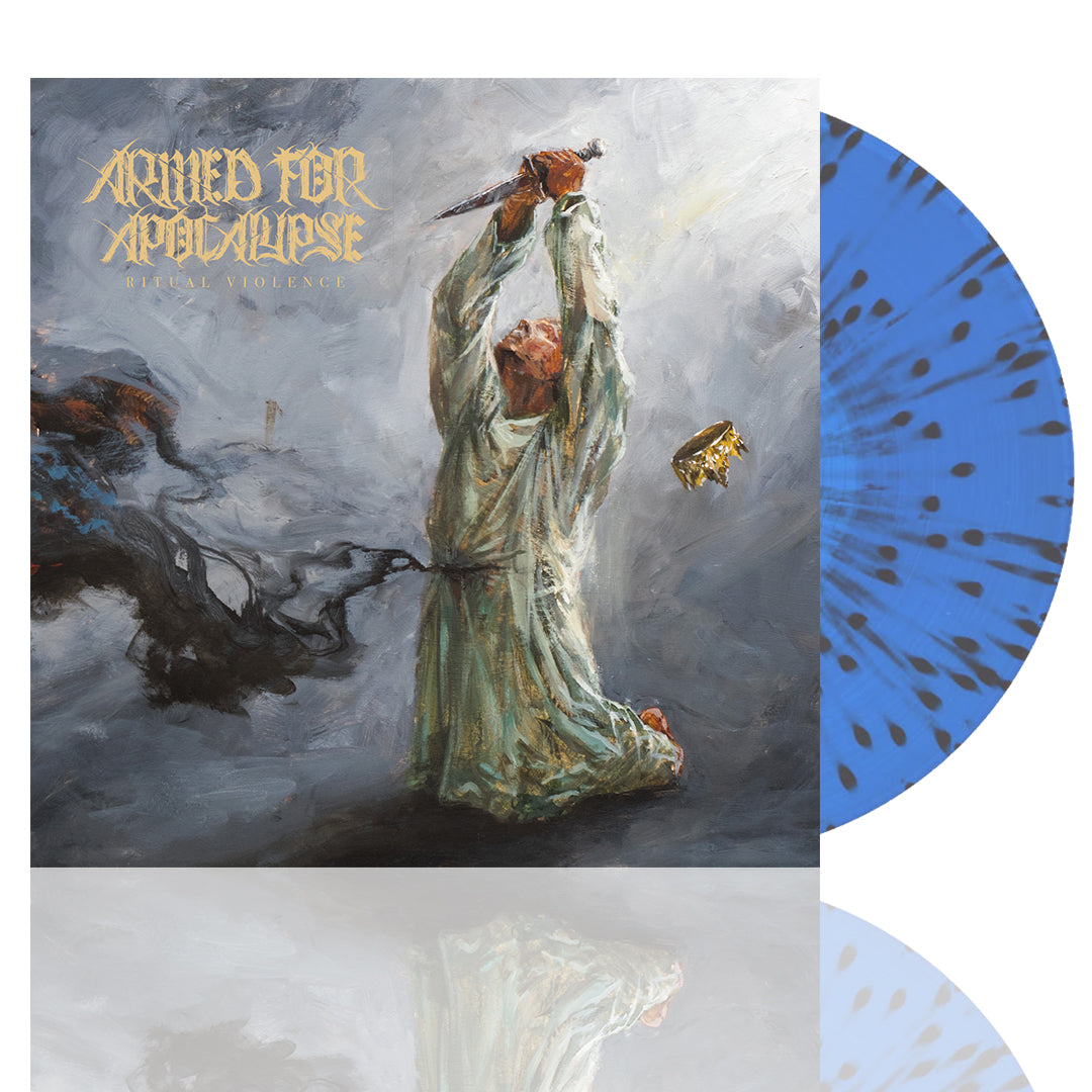 Album cover for Ritual Violence by Armed For Apocalypse shows a painted figure in white robes kneeling and raising a knife amid smoky gray and gold. Features blue splatter vinyl record partially visible; album release includes track list details.