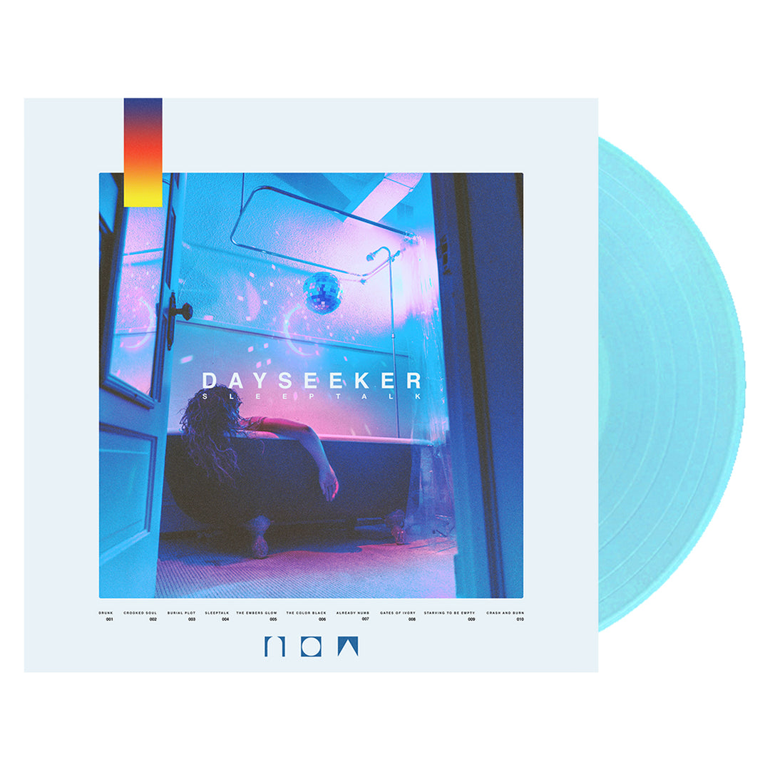 A translucent blue Dayseeker vinyl record slides from its cover, which depicts a person by a bathtub in a neon-lit room, with Dayseeker and the album title Sleeptalk, featuring tracks like Burial Plot, on it.