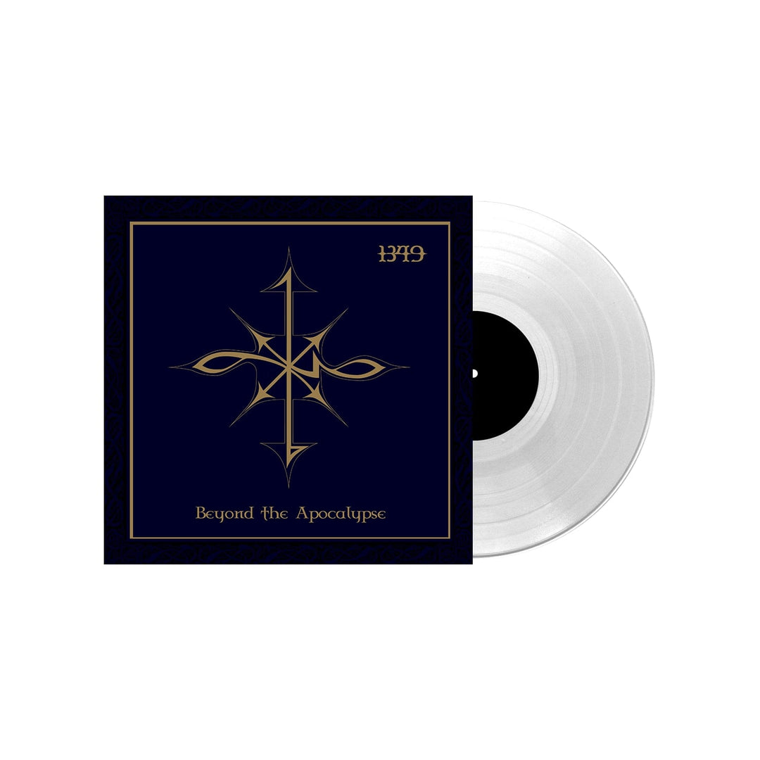 image of a clear vinyl record on a white background. record is on the right, album cover is on the left. cover is black and has an image on the center and says beyond the apocalypse