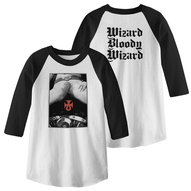 image of the front and back of a black and white baseball tee. front has image of a black and white photo of a crotch with a cobra. the back has center print in black that says wizard bloody wizard