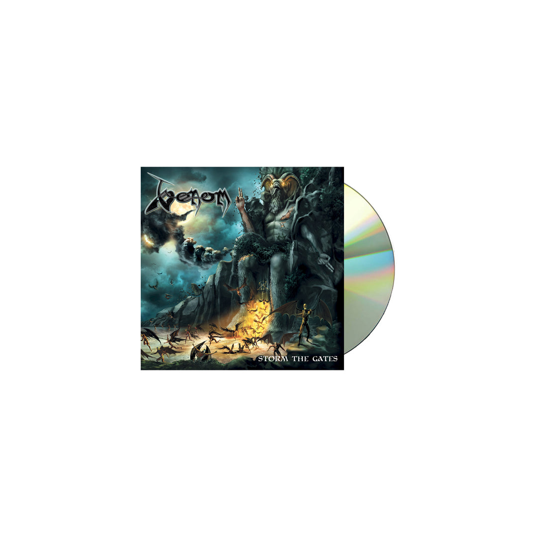 Album cover for Venoms Storm the Gates shows a Dark Lord looming over a stormy, fiery scene with skeletons. The Venom logo is at the top left, and a CD appears partially on the right.