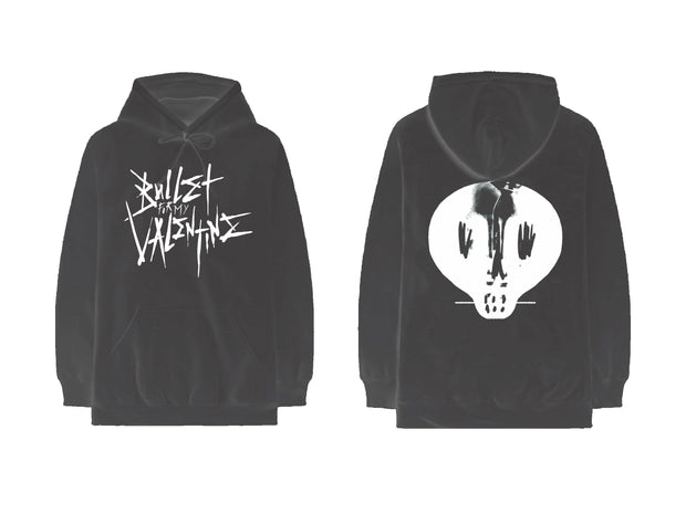 image of the front and back of a black pullover hoodie. front is on the left and has a center print in white that says bullet for my valentine. back is on the right and has a full back print in white of a skull
