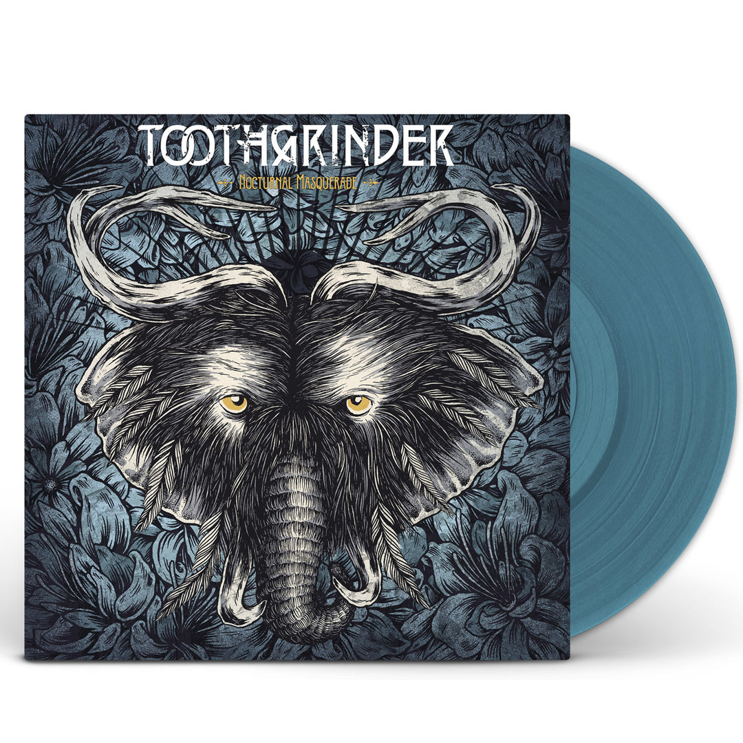 The album cover for Toothgrinder’s Nocturnal Masquerade features a stylized elephant head with glowing yellow eyes amid dark floral patterns, and a blue vinyl record partially visible to the right.
