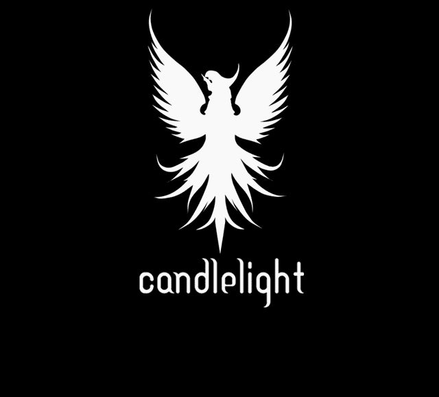 A white, stylized phoenix with outstretched wings appears above the word candlelight in lowercase, bold letters on a black background.