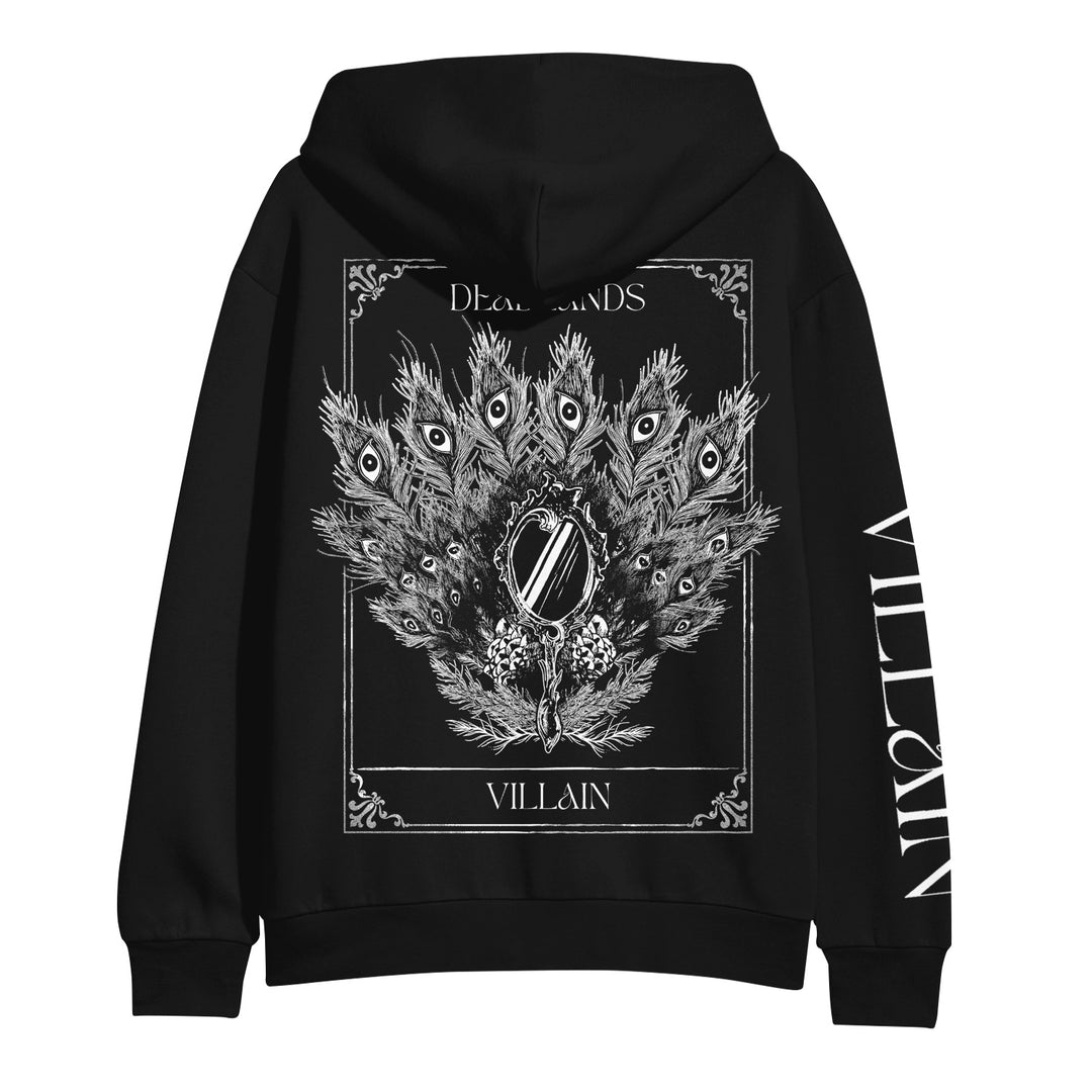 This Deadlands Villain pullover hoodie, made from soft ringspun cotton, showcases a white peacock feather and ornate mirror graphic on the back with DEAD HANDS above and VILLAIN below; VILLAIN is also printed on one sleeve.