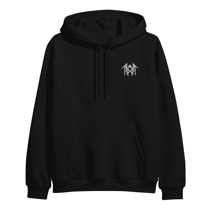 The Sleep Token black pullover hoodie features a front pocket, drawstrings, and a small white geometric logo on the left chest. Made from soft anti-pill fleece for lasting comfort in a classic regular fit.