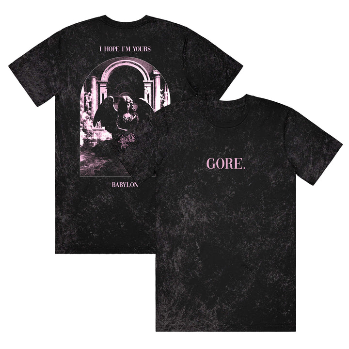Two black mineral wash T-shirts by Gore. Front features GORE. in pink text. Back shows a gothic angel under an archway, with I HOPE IM YOURS above and BABYLON below in white text.