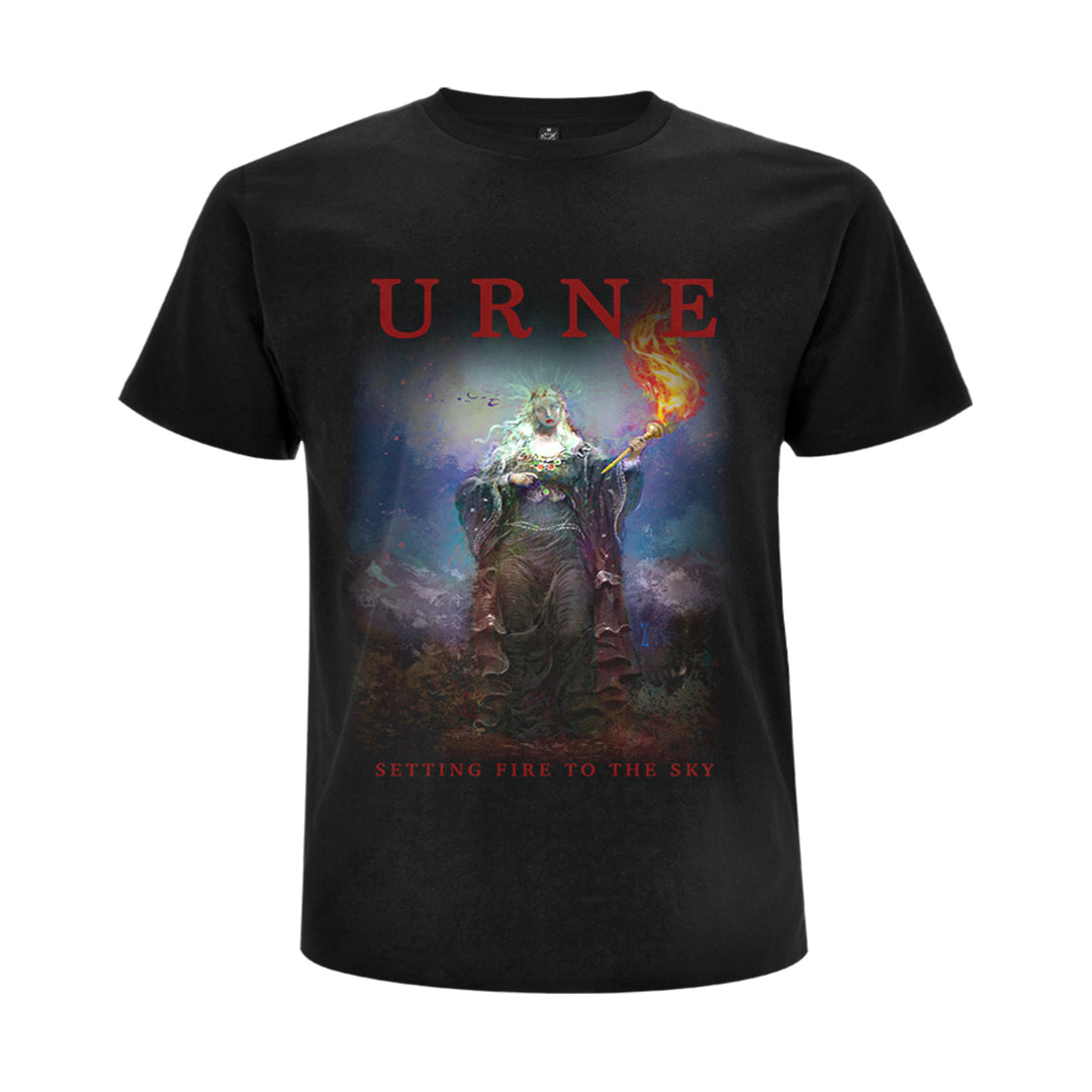Urne black Gildan t-shirt with a robed figure holding a burning torch, "URNE" in bold red above, and "SETTING FIRE TO THE SKY" below—a standout piece for your printed tee collection.