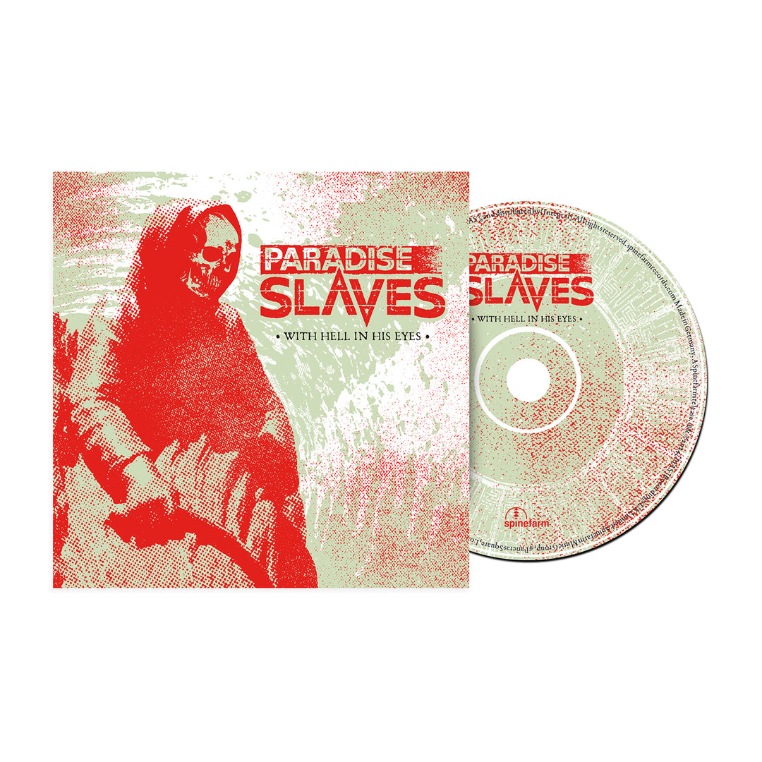 CD and cover for Paradise Slaves With Hell In His Eyes, featuring a red and beige hooded figure with a sickle. The album title is in bold red and white text. Release date from Paradise Slaves coming soon.