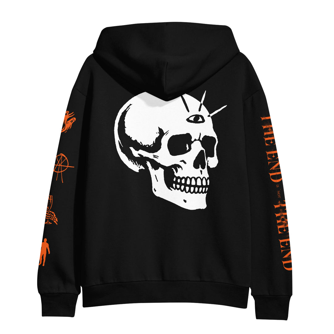 Atreyu black hooded sweatshirt featuring a large white skull with a third eye and spikes on the back, orange "THE END IS NOT THE END" text on the right sleeve, and bold orange graphics on the left sleeve.