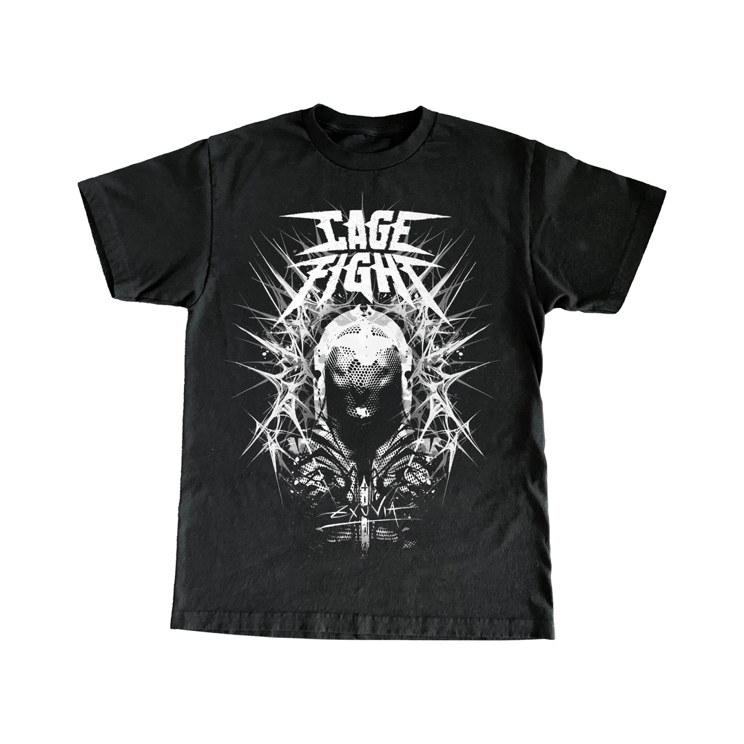 Cage Fight black t-shirt showcasing a stylized masked figure with sharp, spiked designs and bold “RAGE FIGHT” text in jagged white letters above.