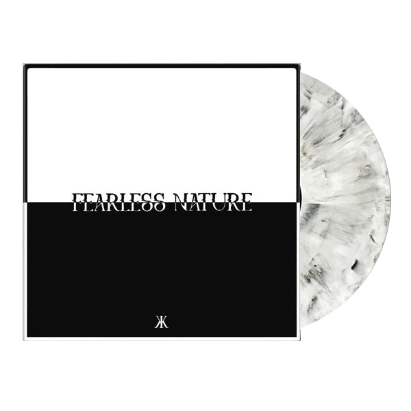 A marble-patterned vinyl record slides out of a minimal black and white Kid Kapichi album cover titled FEARLESS NATURE, featuring a small abstract logo at the bottom—hinting that dark days are coming down the rabbit hole.