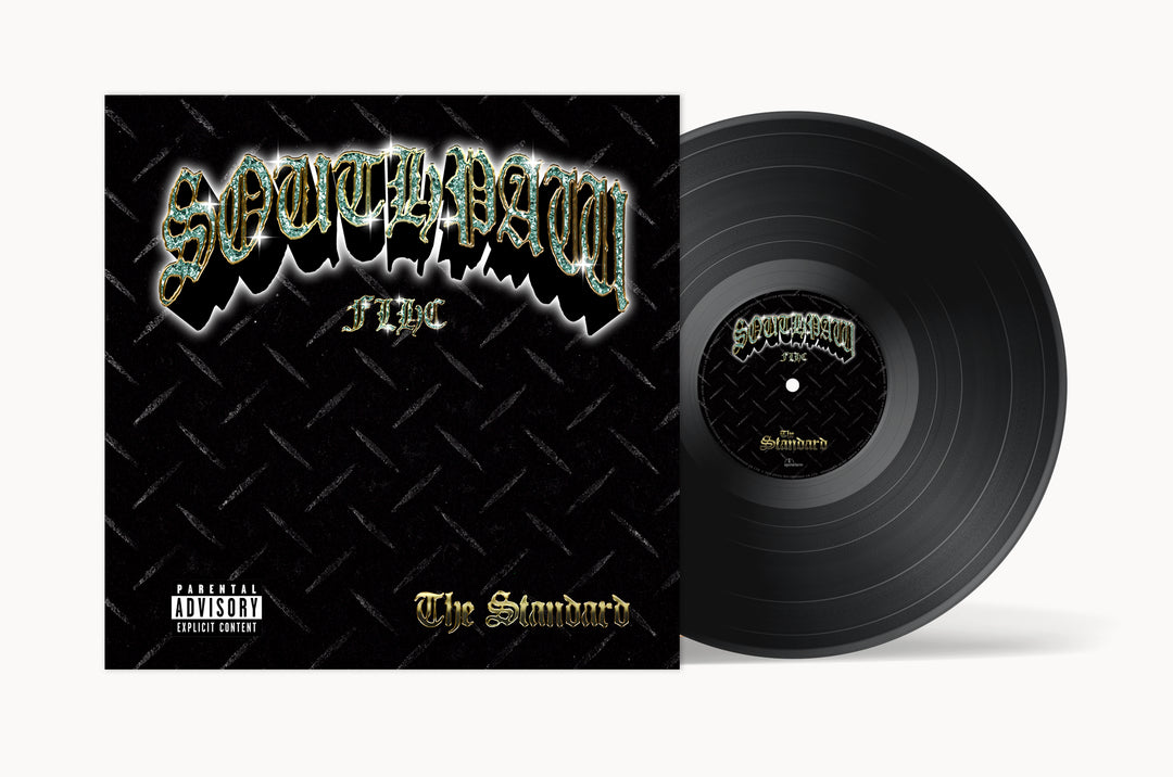 A Black Vinyl LP slides out of its sleeve, featuring Southpaw FLHC in a metal-style font, a Parental Advisory label, and The Standard on a black diamond plate—ideal for album presales or any vinyl collection.