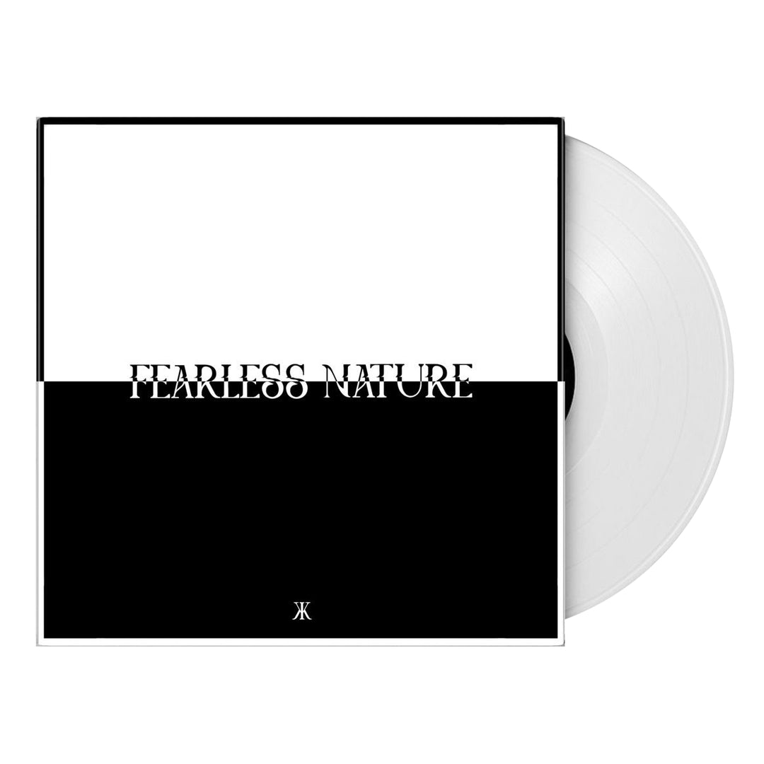 A vinyl record slides out of its album cover, split into white (top) and black (bottom) halves. "FEARLESS NATURE" appears across the center for Kid Kapichi, hinting at Dark Days Are Coming, with a small white logo at the bottom.